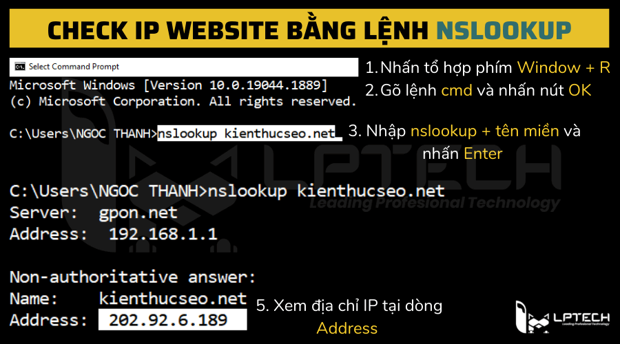 Check IP website bằng lệnh nslookup