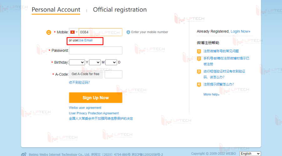 Cách đăng ký tài khoản Weibo