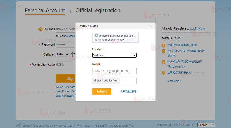 Cách đăng ký tài khoản Weibo
