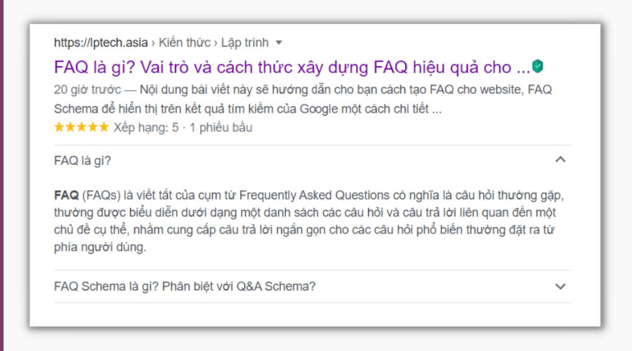 Kết quả trang FAQ sau khi được Google index