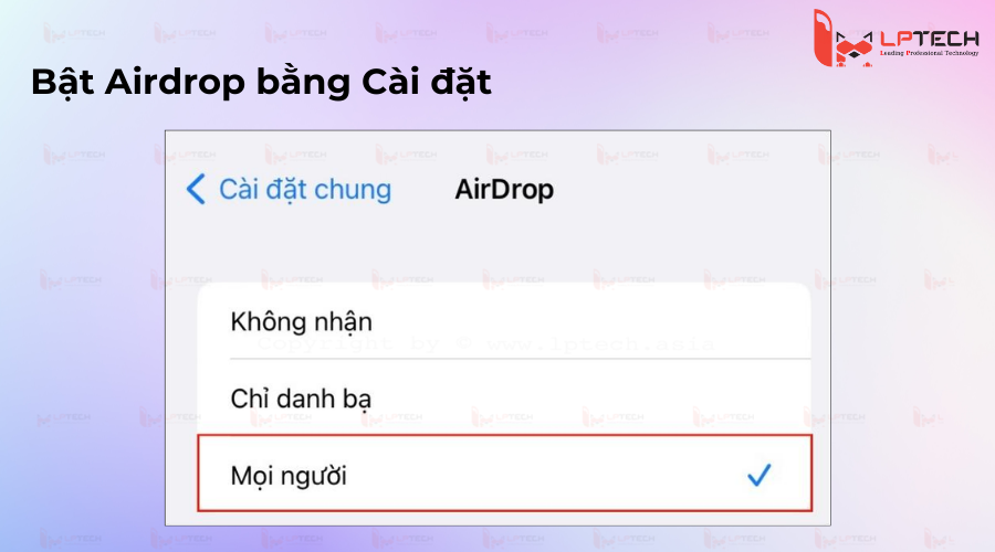 Bật trong mục Cài đặt