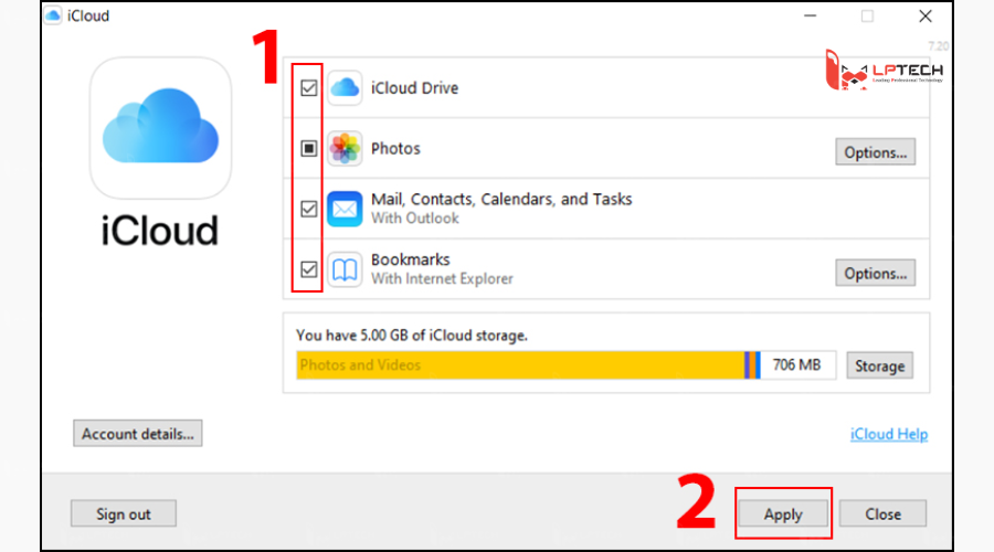 Đăng nhập iCloud bằng máy tính Windows - Chọn và Apply