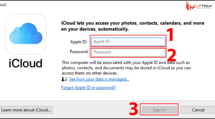 Đăng nhập iCloud bằng máy tính Windows - Nhập thông tin tài khoản