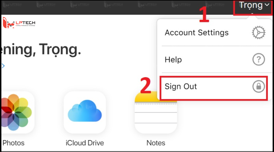 Đăng xuất iCloud trên Web - Chọn avt và Sign Out