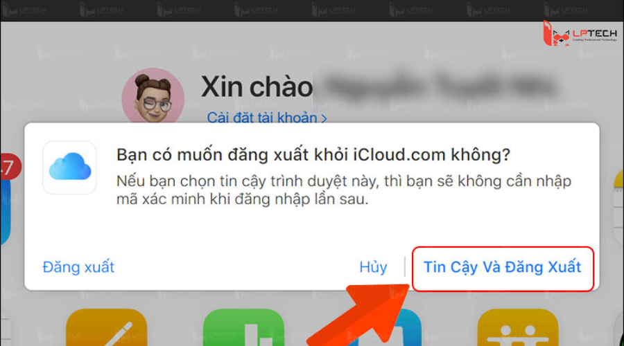 Đăng xuất iCloud trên Web - Chọn Tin cậy và Đăng xuất