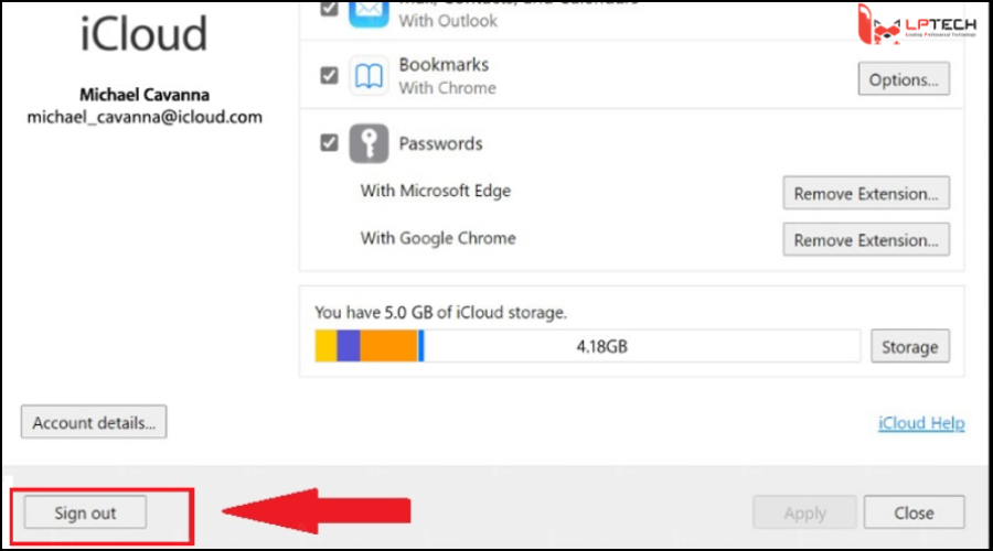 Đăng xuất iCloud trên Windows - Chọn Sign out