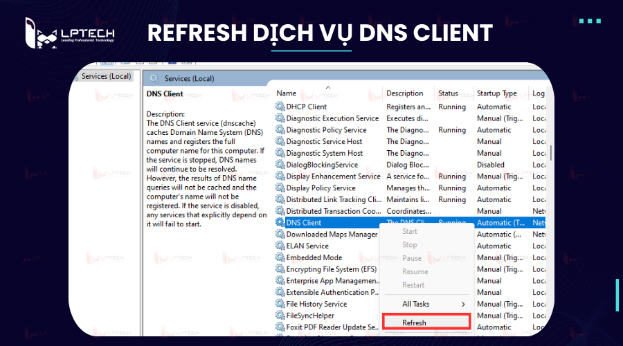 Khởi động lại dịch vụ DNS Client