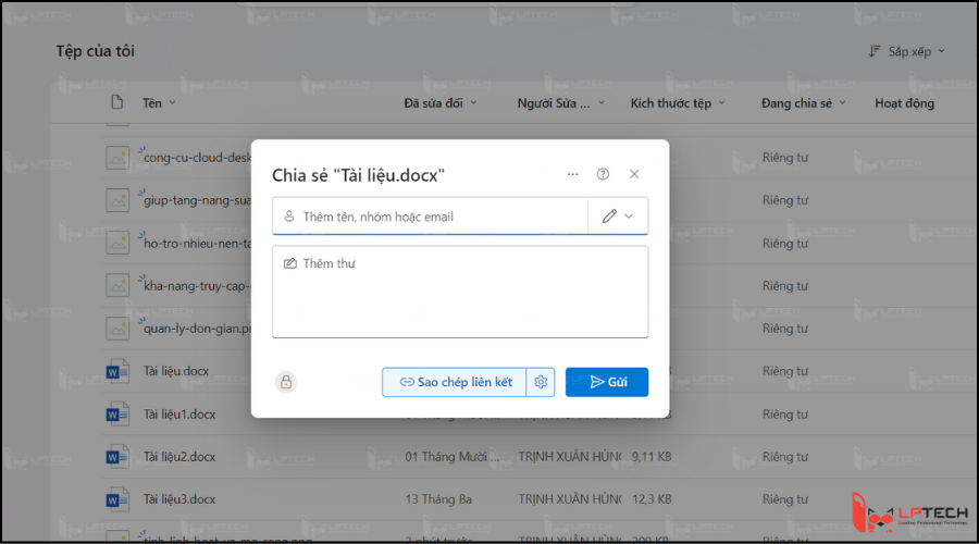 Chọn Quyền đối với file được chia sẻ và Sao chép link