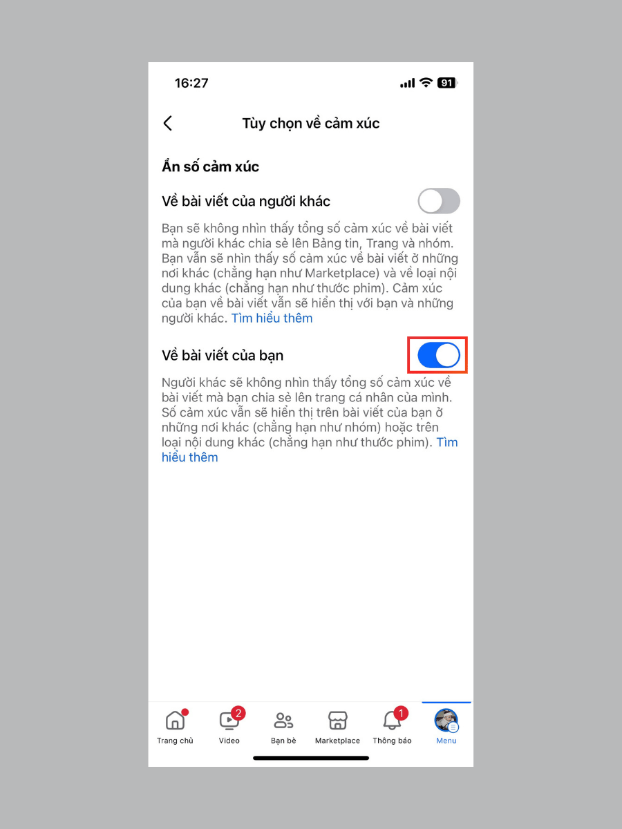 Tắt like trên iPhone - Bật công tắc "Về bài viết của bạn"