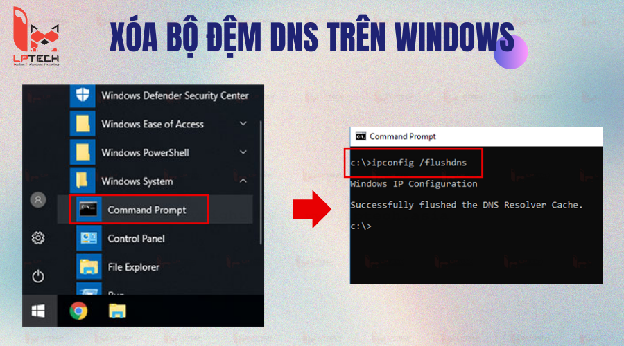 Nhập vào lệnh ‘ipconfig /flushdns’ trong Command Prompt