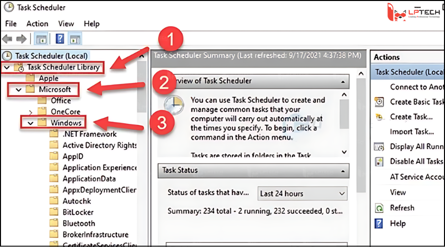 Task Scheduler >  tab Task Scheduler Library > chọn Microsoft > Windows.