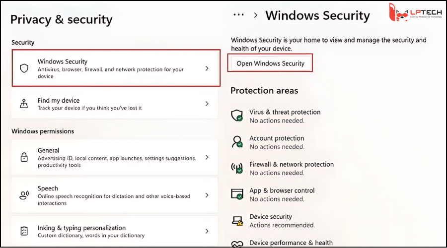 Nhấp vào Open Windows Security