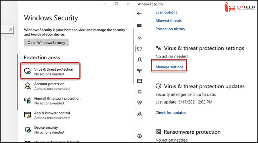 Virus & threat protection > Manage settings