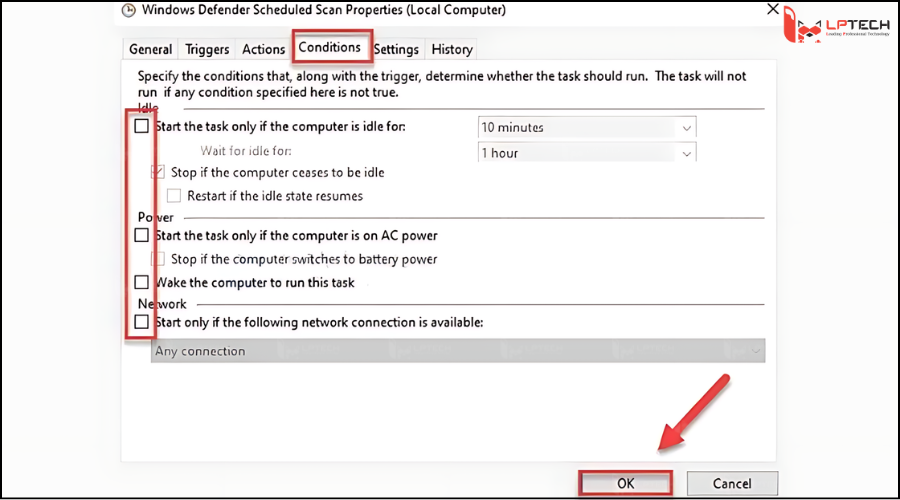 Tắt các tùy chọn trong tab Conditions