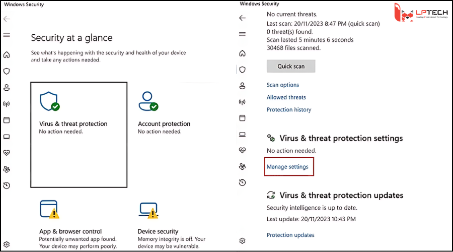 Virus & threat protection settings > chọn Manage settings.