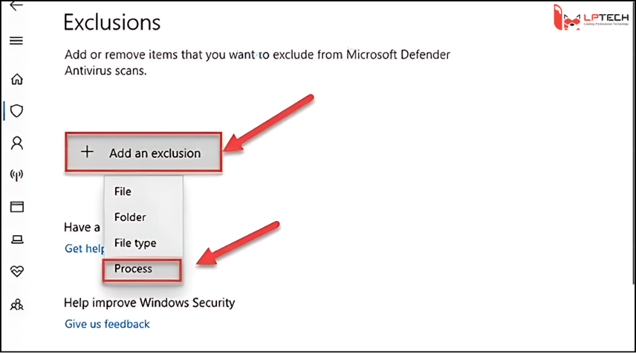 Add an exclusion → Process > nhập Antimalware Service Executable