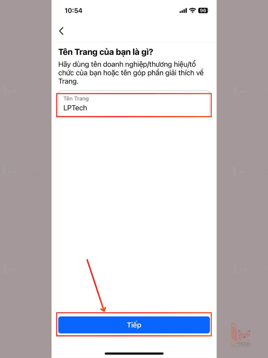 Nhập tên trang > Tiếp