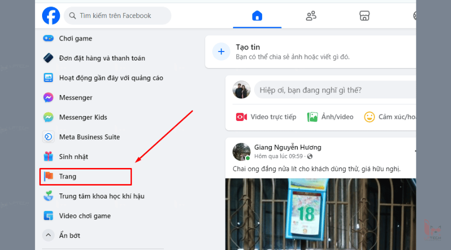 Chọn mục Trang trong Facebook trên trình duyệt