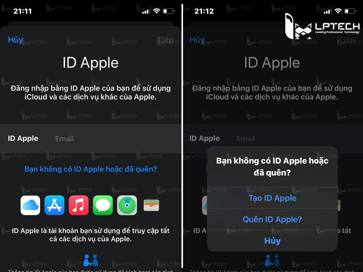 Bạn không có ID Apple hoặc đã quên >Tạo ID Apple.