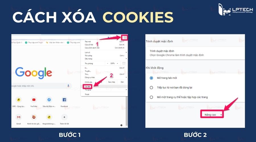 Hướng dẫn cách xóa Cookie - Bước 1, 2