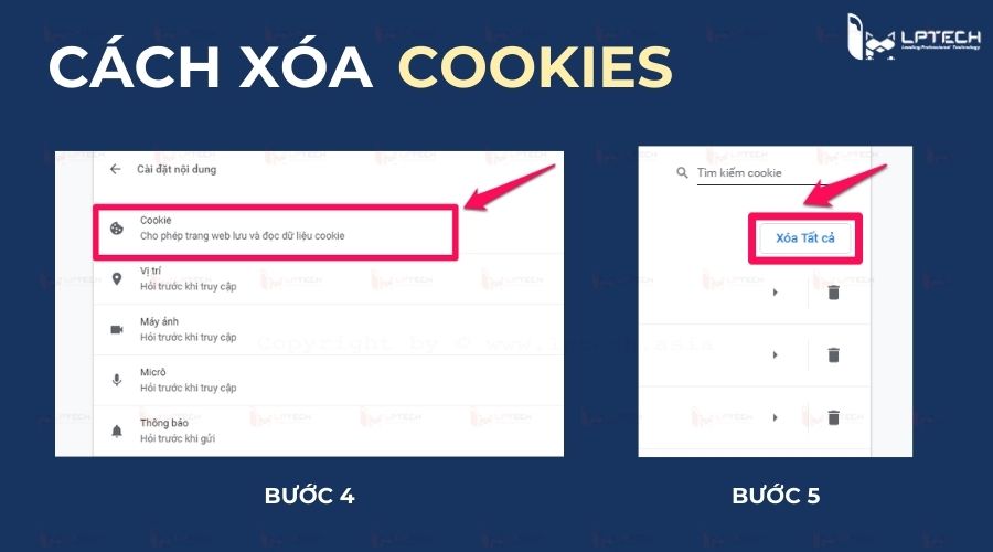 Hướng dẫn cách xóa Cookie - Bước 4,5 