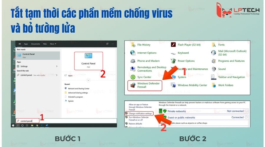 Tắt tường lửa (Bước 1 và 2)