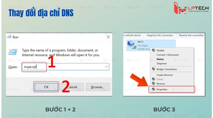 Thay đổi địa chỉ DNS (Bước 1, 2, 3)
