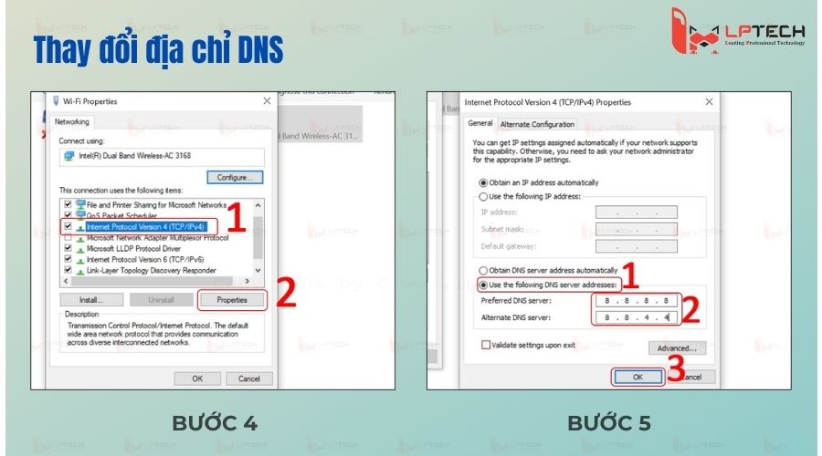 Thay đổi địa chỉ DNS (Bước 4 và 5)