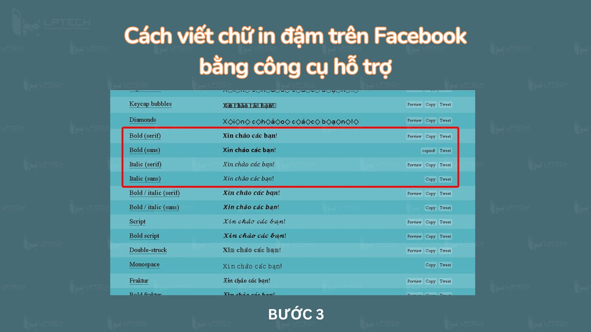 Chọn kiểu chữ bạn mong muốn và nhấn Copy