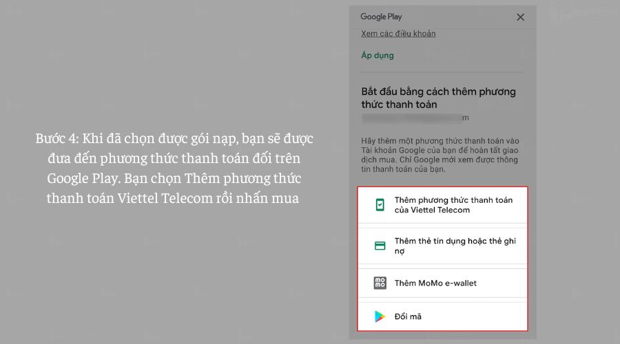 chọn Thêm phương thức thanh toán Viettel Telecom rồi nhấn mua