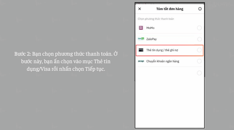 Chọn phương thức thanh toán là Visa/Thẻ tín dụng