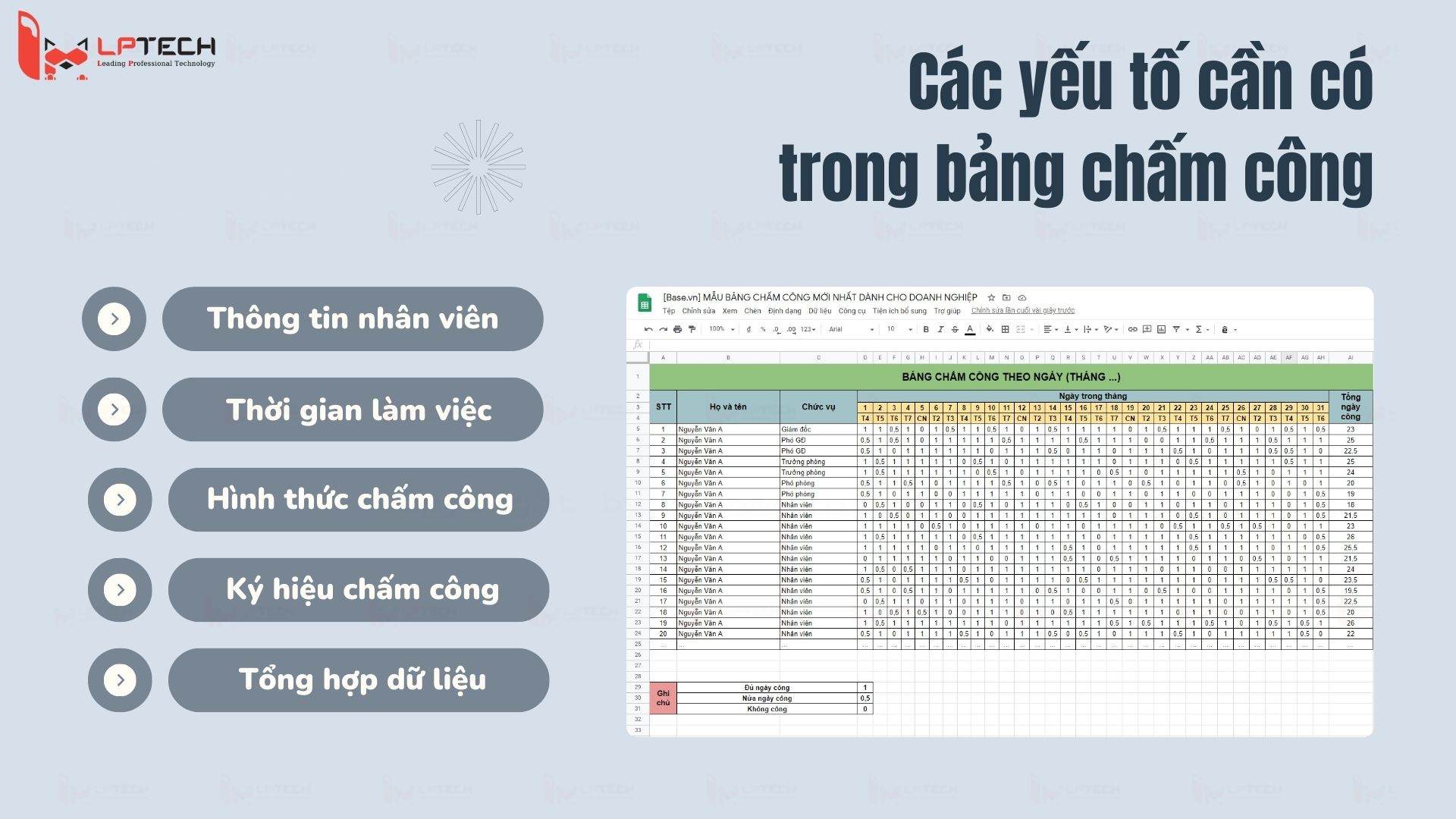 Các yếu tố cần có trong bảng chấm công