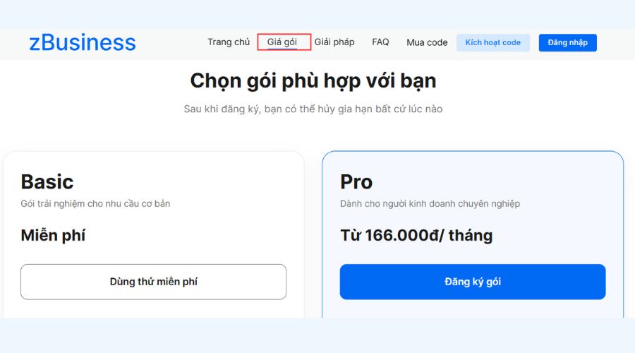 Bước 2: Chọn mục Giá gói 