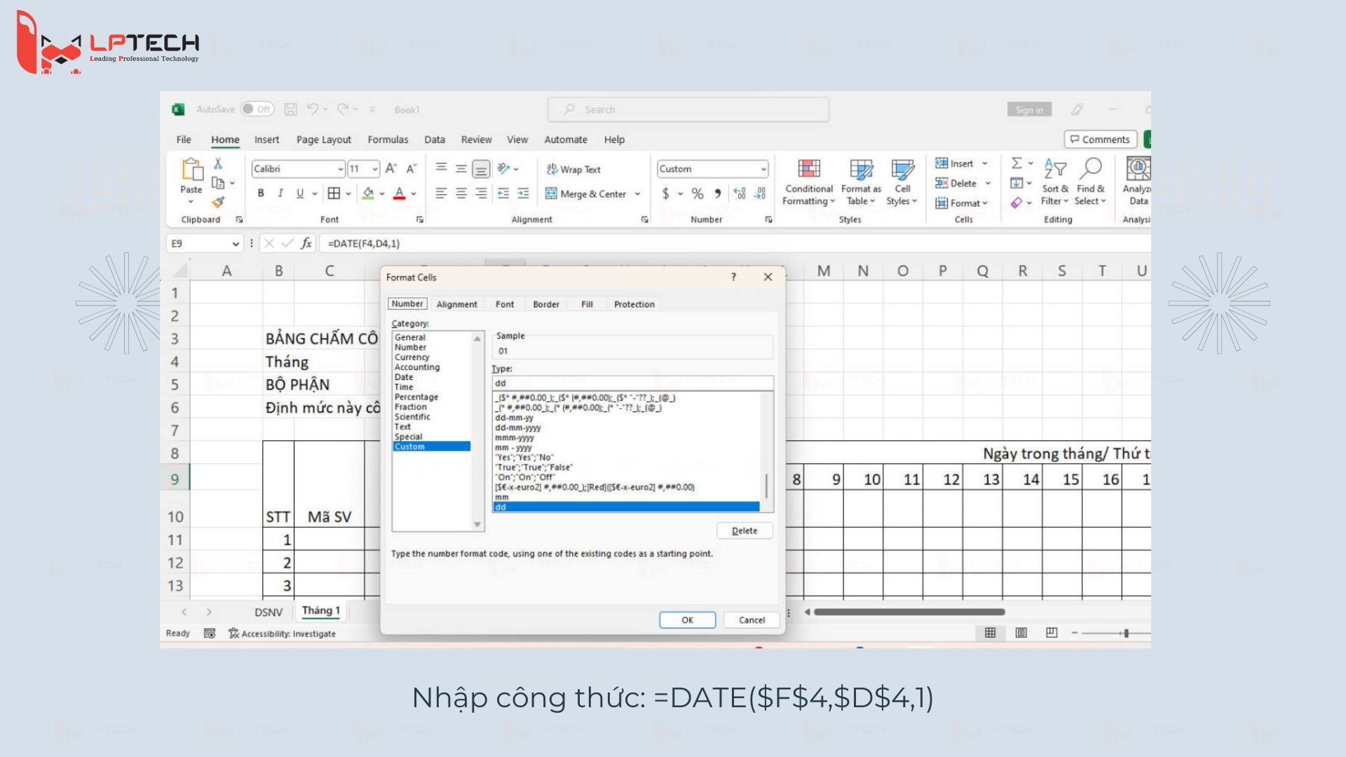 Nhập công thức: =DATE($F$4,$D$4,1)