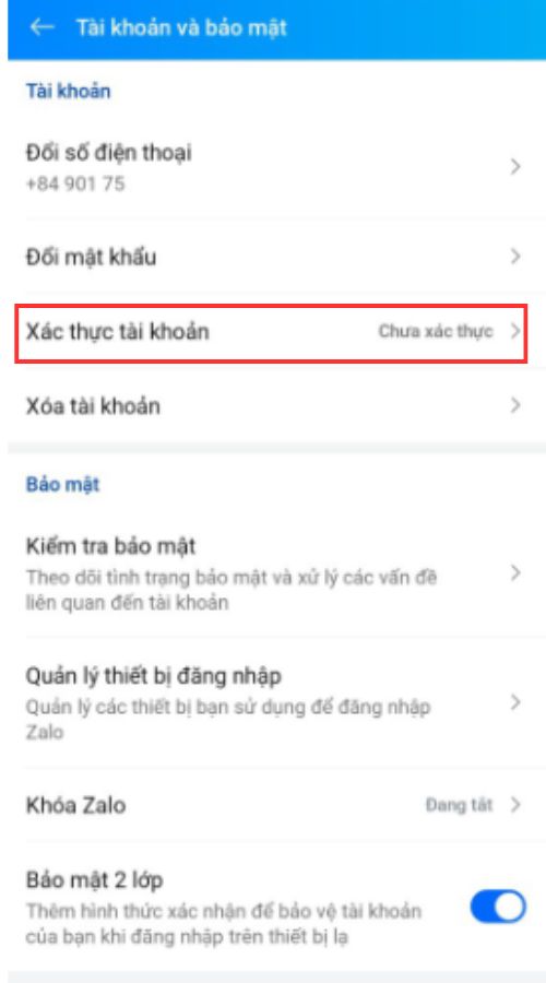 Nhấn vào mục Xác thực tài khoản