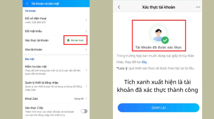 Sau khi hoàn tất, tài khoản đã xác thực thành công