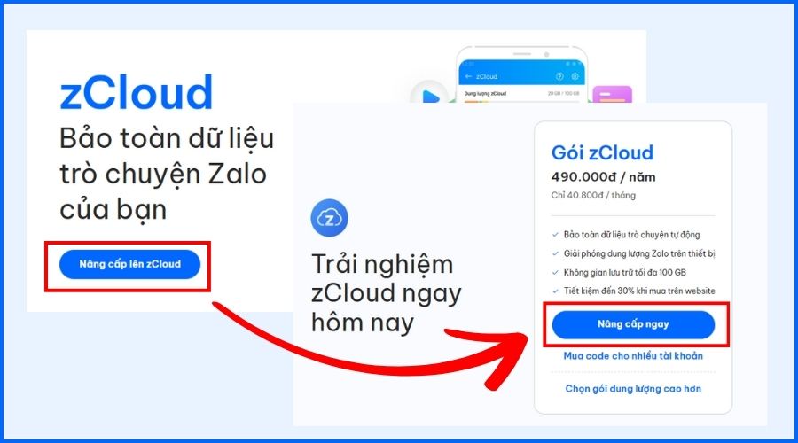 Nâng cấp lên zCloud, chọn Nâng cấp ngay