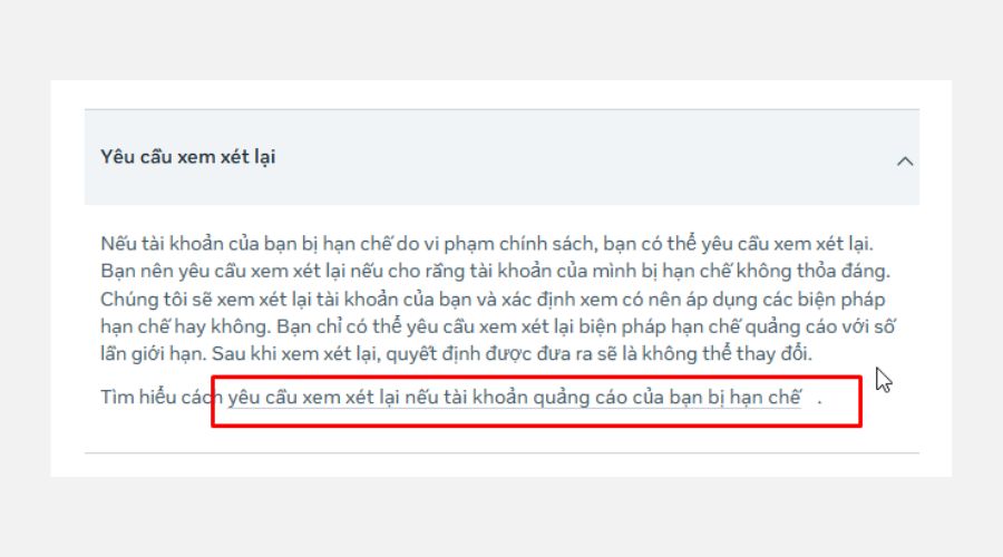 Chọn "yêu cầu xem xét lại nếu tài khoản quảng cáo của bạn bị hạn chế"
